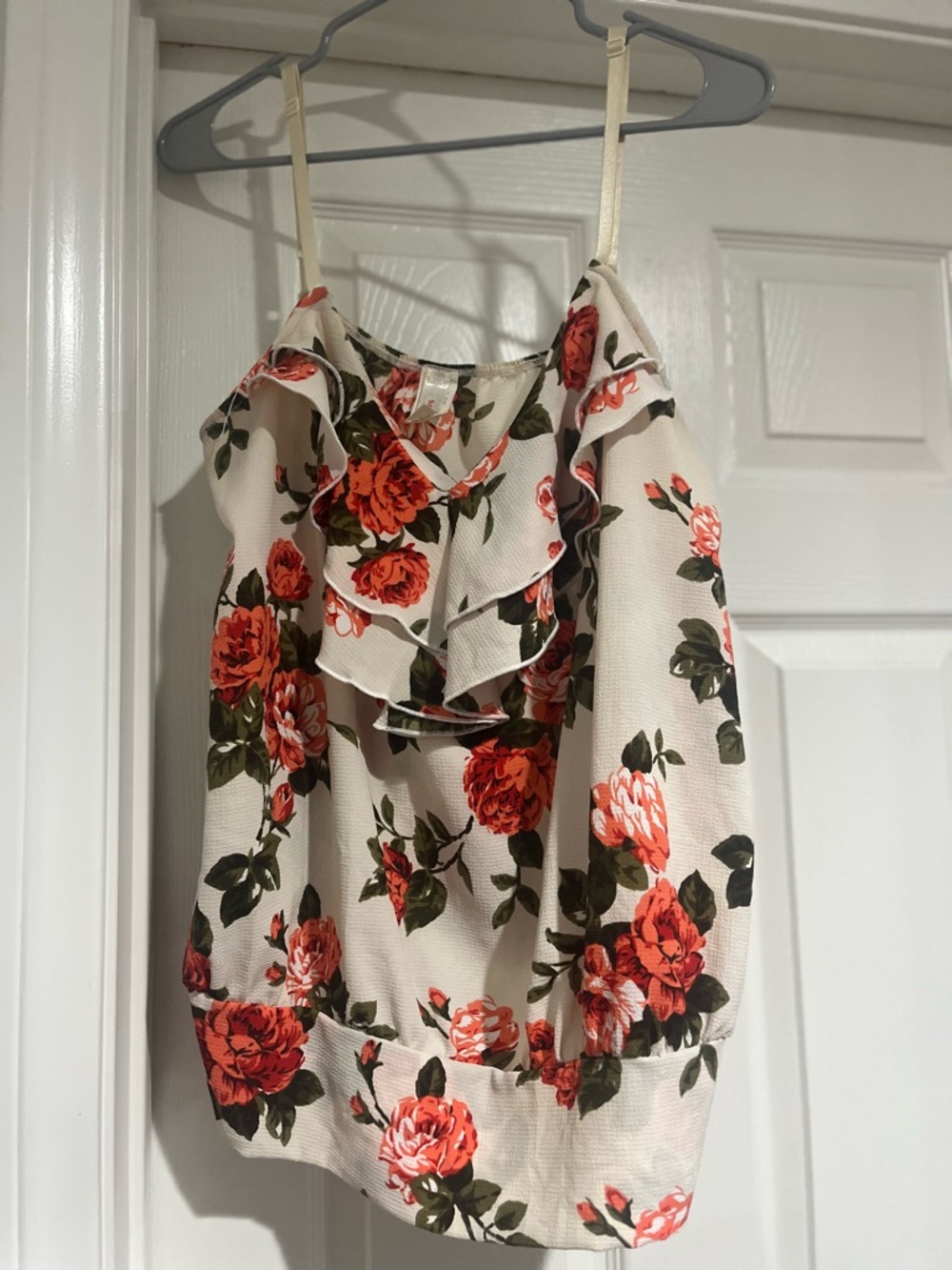 Floral Ruffle Cream Tank Top with Red Rose Print